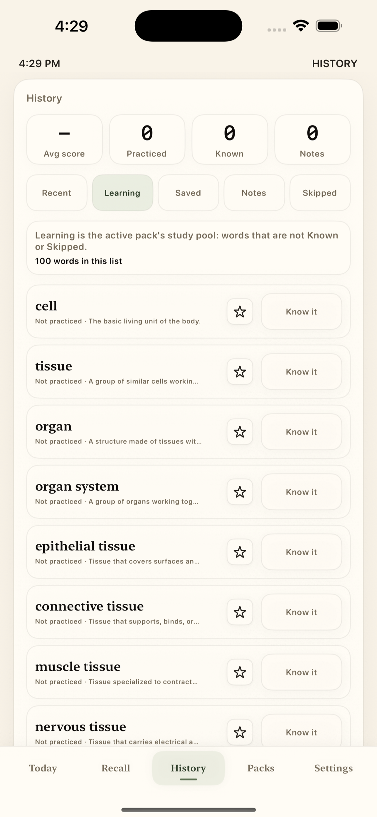 Daily Word Recall History screen showing the learning word list