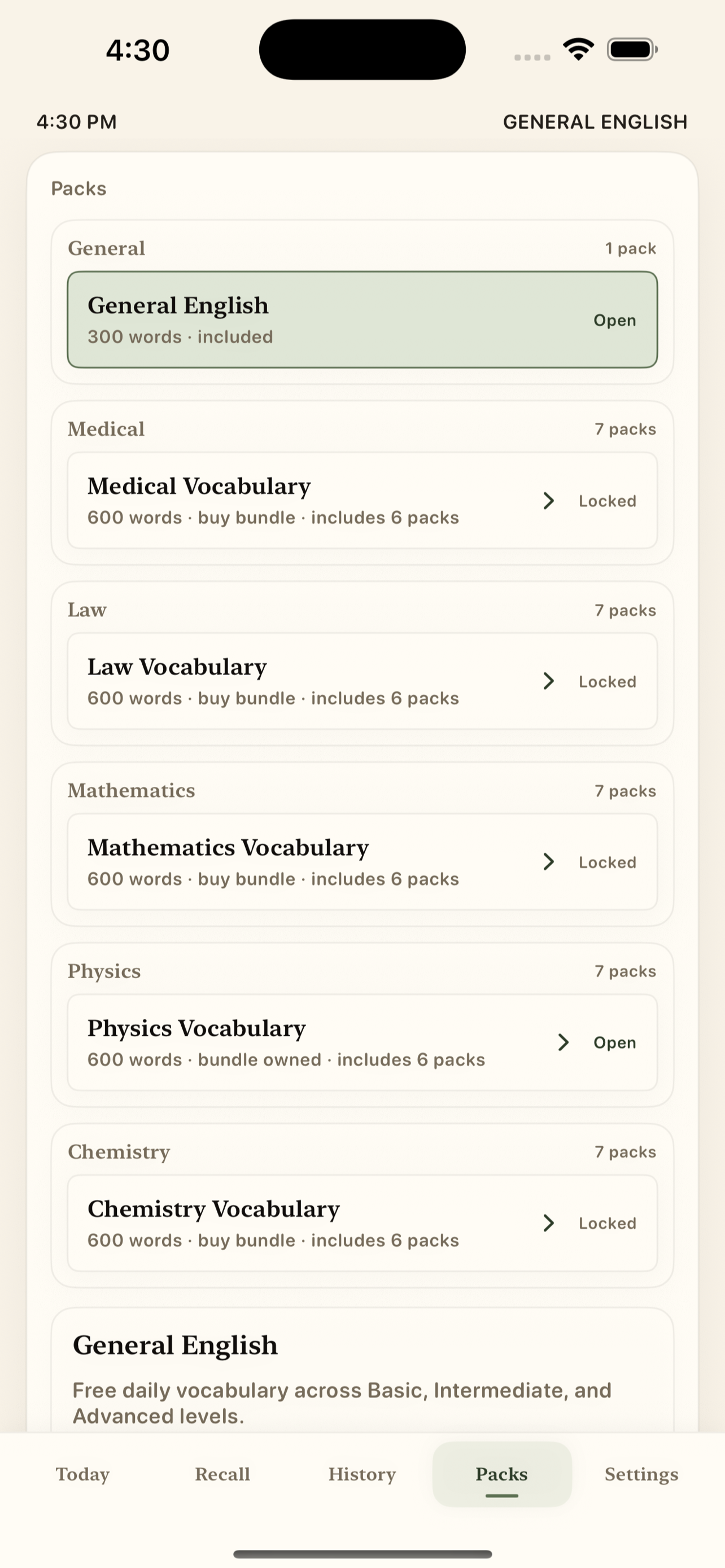 Daily Word Recall Packs screen with General, Medical, Law, Mathematics, Physics, and Chemistry packs