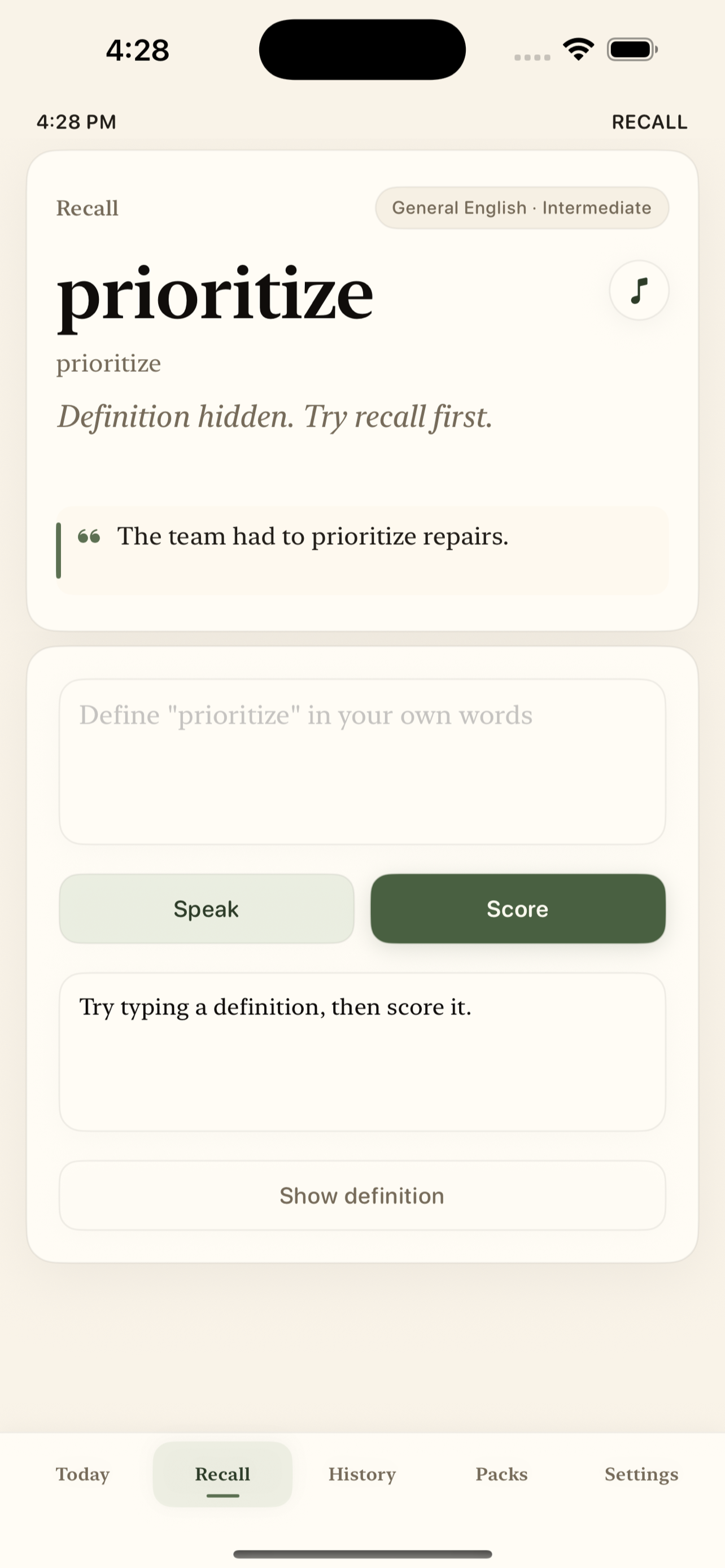 Daily Word Recall Recall screen with definition hidden and scoring controls