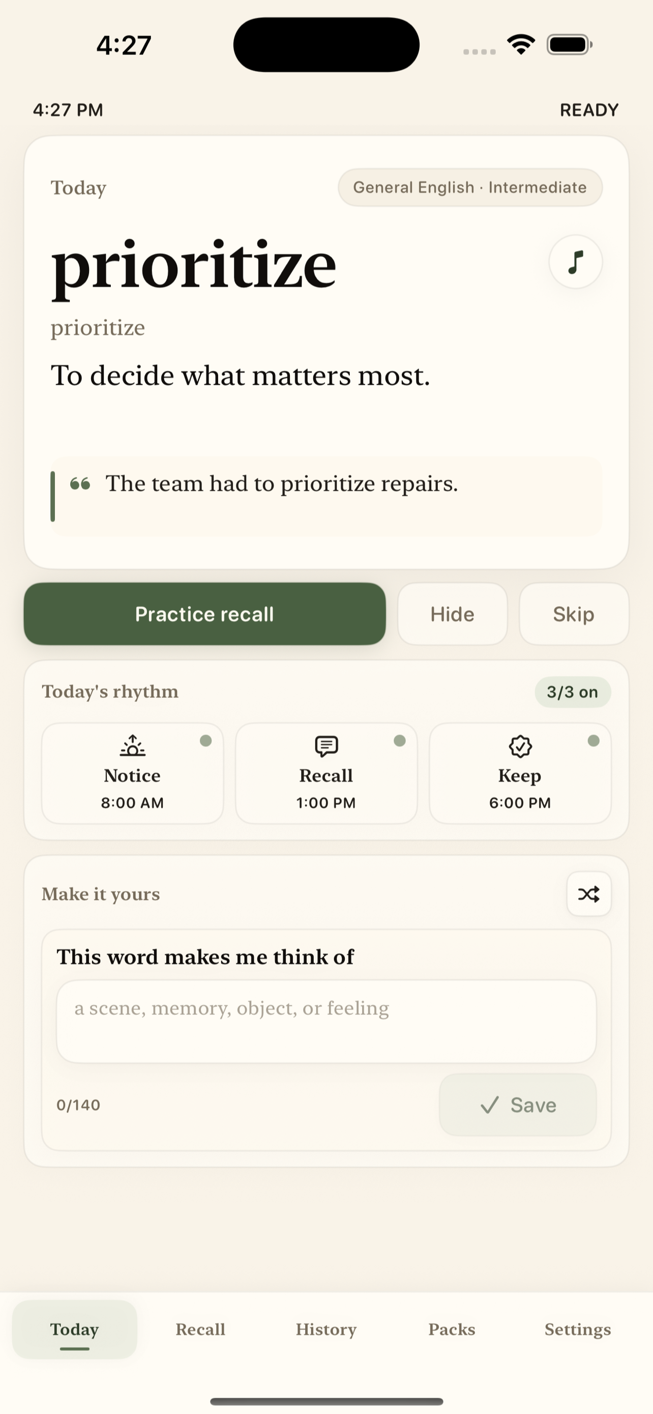 Daily Word Recall Today screen with a vocabulary word, definition, and reminder rhythm